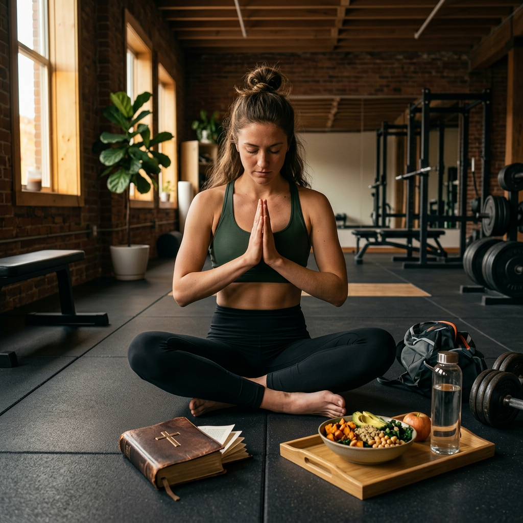 Woman sitting cross-legged on a yoga mat with hands in prayer, food tray with salad and water bottle nearby
